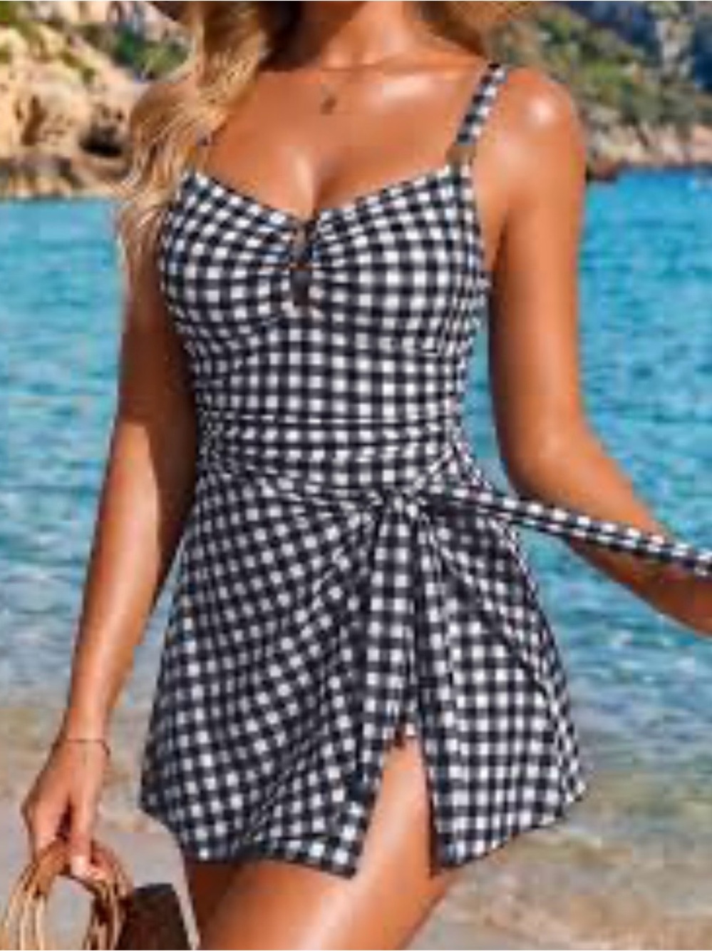 New Black & White Gingham One-Piece Swimdress with Tie Waist size M